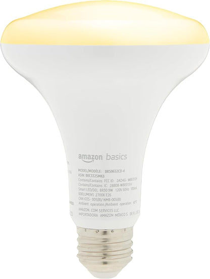 Amazon Basics Smart BR30 LED Light Bulbs for Bedroom Living Room, Dimmable Soft White (2700K), 9W (60W Equivalent), 800LM, Voice Control, Works with Alexa Only, 2.4 GHz Wi-Fi, No Hub Required, 4-Pack