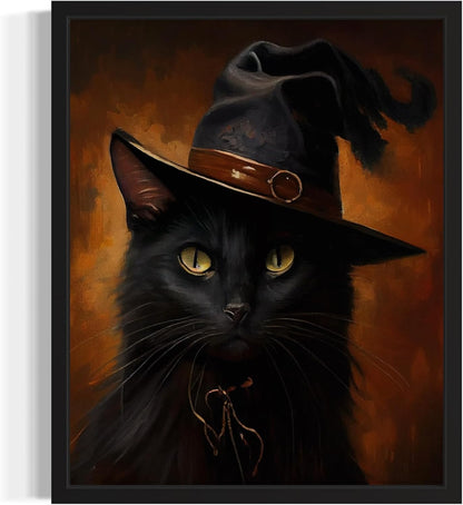 Witch Cat Poster Art Print, Halloween Scary Vintage Wall Art Academia Spooky Painting Decoration for Horror Prints, Gothic Posters Bedroom Decor 89 (Witch Cat, 16 x 20 inches, Black Frame)