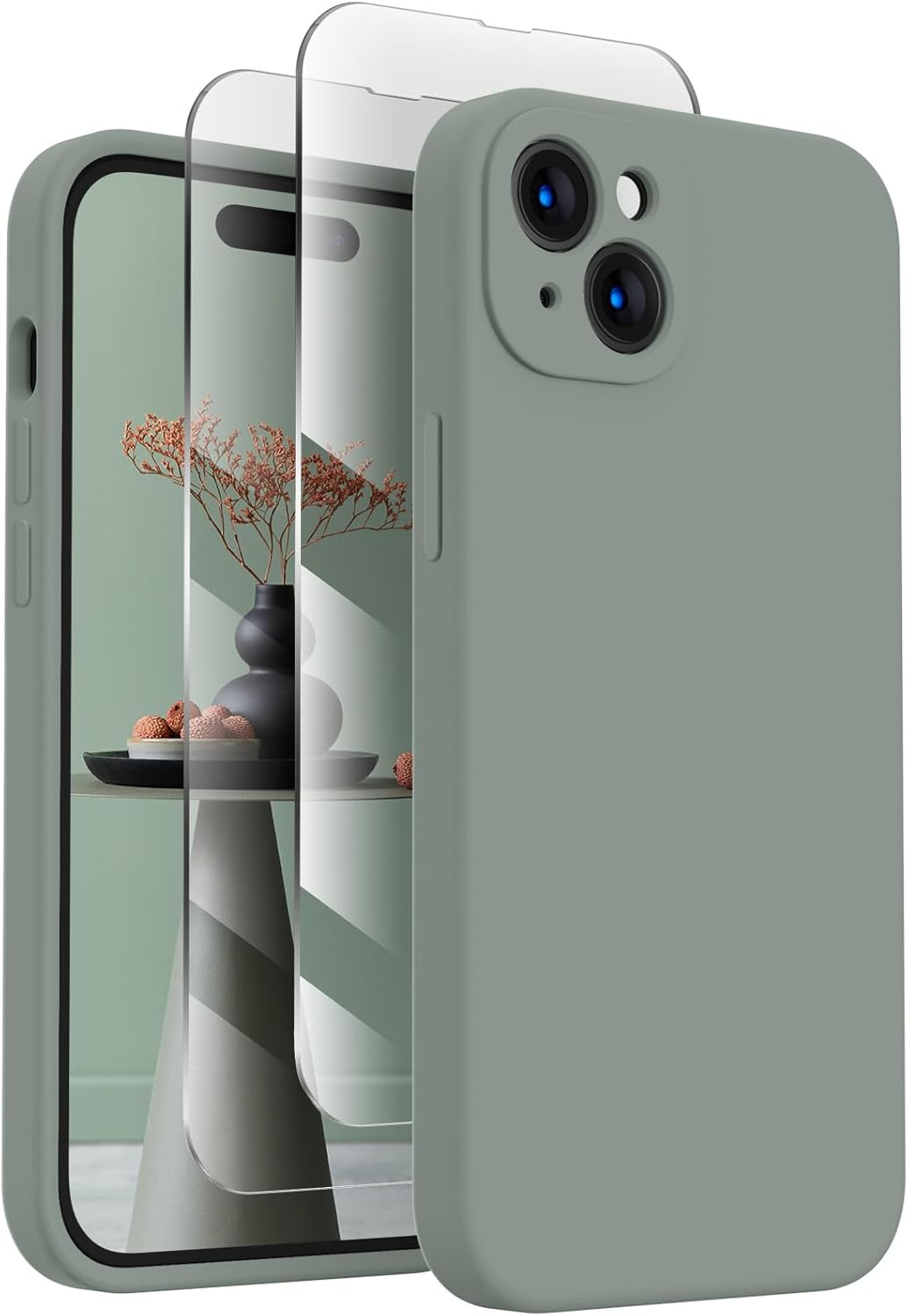 FireNova Designed for iPhone 15 Plus Case, Silicone [Camera Protection] Case with [2 Screen Protectors], Soft Anti-Scratch Microfiber Lining Inside, 6.7 inch, Calke Green