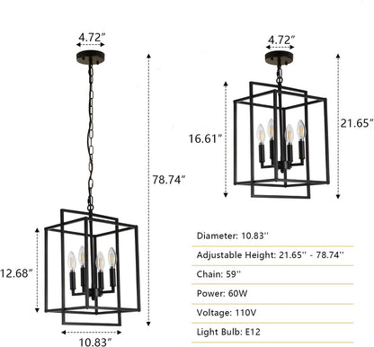 4-Light Vintage Black Chandelier, Foyer Lighting Fixtures Farmhouse Chandeliers for Dining Room, Modern Industrial Lantern Pendant Light for Kitchen Island Entryway Stairway