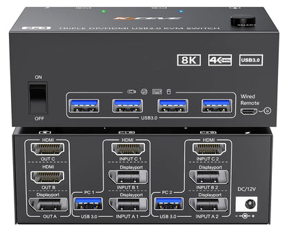 HDMI Displayport KVM Switch 3 Monitors 2 Computers 8K@60Hz/4K@144Hz, USB3.0 KVM Switches for 2 PC Sharing Triple Monitor and Keyboard Mouse with Power Adapter,Wired Extend Controller and USB3.0 Cables