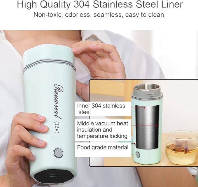 Portable Electric Travel Kettle, 350ml, BPA-Free & Food-Grade 304 Stainless Steel, Heats to 98°C, One-Button Operation & Auto Shut-Off, 12V/7A 80W Car Kettle for Car, Truck, RV