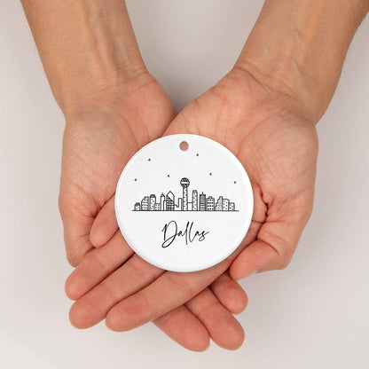 Andaz Press Round Ceramic Porcelain Christmas Tree Ornament Keepsake, Dallas Black and White Stars City Skyline Graphic, 1-Pack, Birthday Gift Ideas for Family Coworker, Includes Gift Box