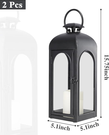 Bdor 2 Pack 16 Inches Metal and Tempered Glass Decorative Lantern with Electronic Wax Effect - Indoor/Outdoor Decorative Lighting, Handcrafted Aesthetic, Perfect for Home, Parties, and Holiday Decor