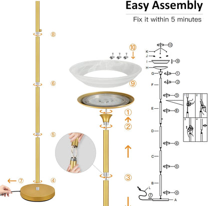 BoostArea Torchiere Floor Lamp, 24W Super Bright LED Standing Lamp, 3000K Stepless Dimmable Pole Lamp with Rotary Switch, 70 Inch Tall Metal Modern Floor Lamps for Living Room/Bedroom/Office/Den, Gold