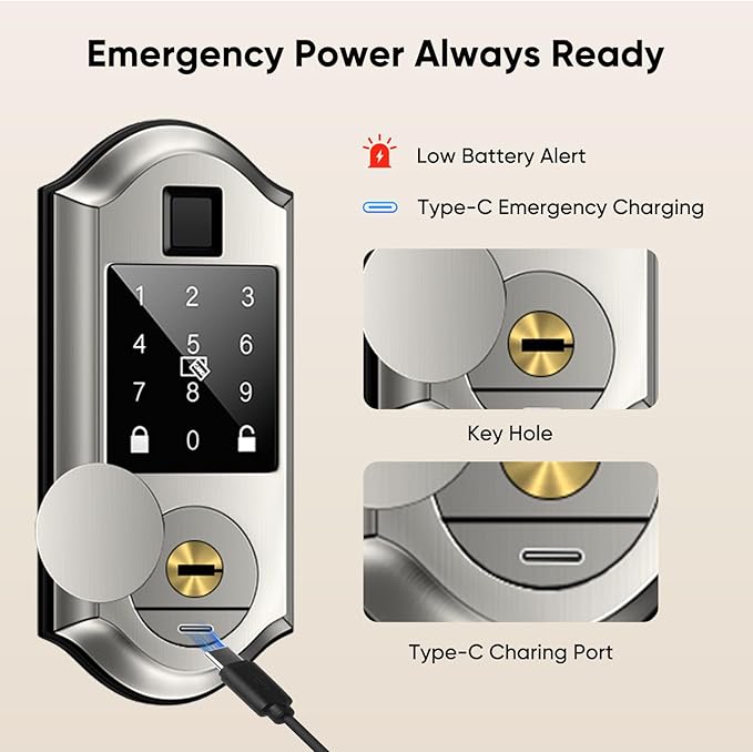 Fingerprint Smart Front Door Lock Set, Keyless Entry Door Lock with Handle, Smart Locks for Front Door, Keypad Deadbolt with Handle, APP Control, Touchscreen Keypad, Auto Locking, Satin Nickel