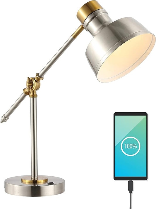 JONATHAN Y 18.5" Nickel/Brass Gold Adjustable Cantilever LED Task Lamp with USB Charging Port, Vintage Farmhouse Desk Lamp for Home Office Reading, Metal Shade (JYL7124B)