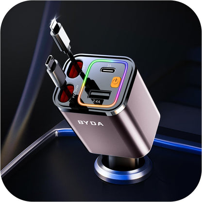 [2025 Mirco-Version] 4 in 1 Retractable Car Charger,69W Car Charger USB C,Cigarette Lighter Adapter,Fast Charging for iPhone 16e/16/15/14,13,Android (Pink, for Lightning+USB-C)