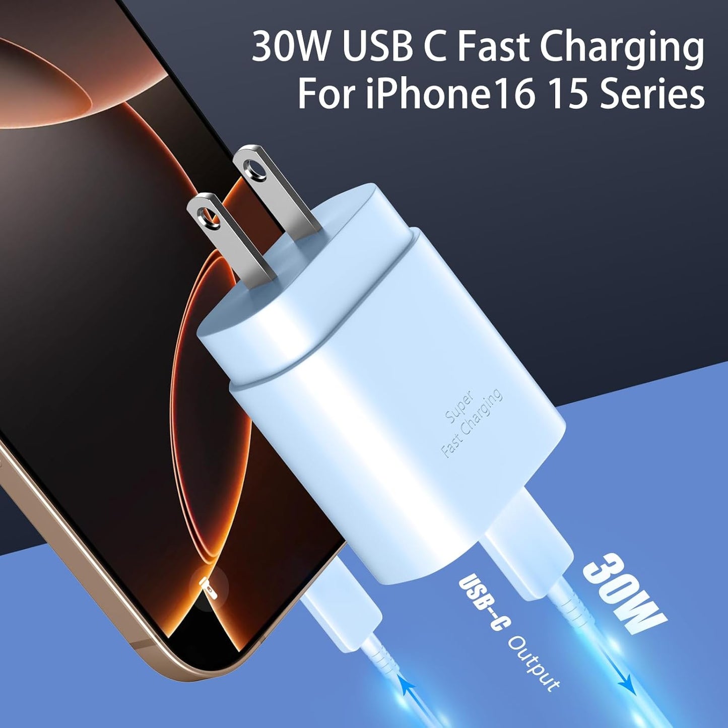 Phone 16 15 Pro Max Charger Fast Charging,30W USB C Phone 16 15 Fast Charger Block &10FT Long Type C Cable Cord for Phones 16 15/16 15 Pro Max/16 15 Pro/15 Plus/Pro 12.9/11 inch,Galaxy S24 Ultra,Blue
