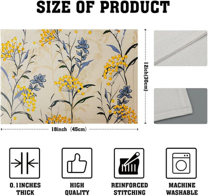 Floral Placemats Set of 4 Vintage Floral Summer Flowers Yellow Placemats for Kitchen Table Linen Placemats Washable Non-Slip Heat Resistant Place Mats for Party Kitchen Dining Decorations 18x12 Inch