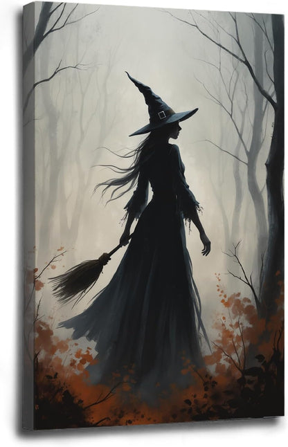 Vintage forest witch silhouette poster Halloween mural poster decoration mural art magic suitable for home living room bedroom20x30in Wood Framed