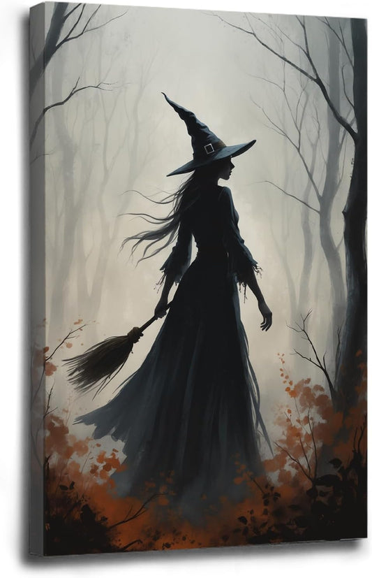 Vintage forest witch silhouette poster Halloween mural poster decoration mural art magic suitable for home living room bedroom28x40in Wood Framed