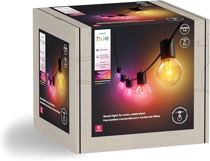 Philips Hue Festavia Globe Outdoor String Lights, White & Color Ambiance, 22ft,8 Bulbs, Dimmable, Control with Hue App or Voice, Bridge Required