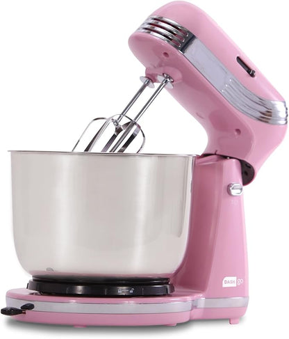Dash Stand Mixer (Electric Mixer for Everyday Use): 6 Speed Stand Mixer with 3 Quart Stainless Steel Mixing Bowl, Dough Hooks & Mixer Beaters for Dressings, Frosting, Meringues & More - Pink