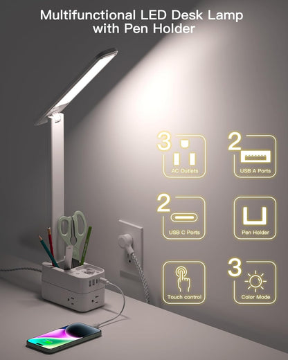 Addtam LED Desk Lamp with Pen Holder, Study Lamps with 3 Outlets 4 USB Charging Ports(2 USBC), 3 Color Modes Desk Light Touch Lamp, Small Desk Lamps for Home Office College Dorm Room Essentials