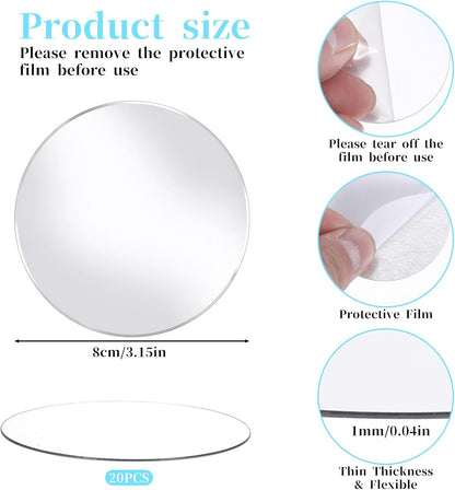 20pcs Mini Acrylic Mirror Tiles Round Mirror Stickers 3in Self Adhesive Small Round Mirror Small Circle Mirror DIY Crafts Small Decorative Mosaic Mirror Sheets for Walls