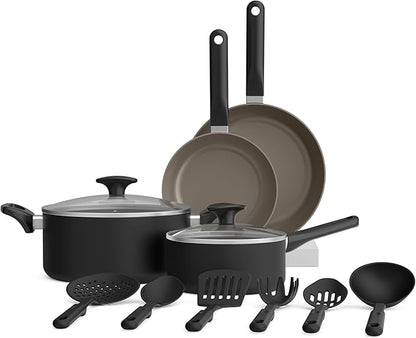 bella 12 Piece Cookware Set with EverGood™ Ceramic Nonstick Coating, Dishwasher & Oven Safe, All Stovetops Compatible, Tempered Glass Lids and Cool Touch Handles, Black