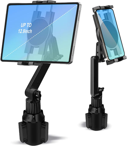 Cup Holder Car Tablet Mount for Truck, 360° Adjustable 15" Long 2-Arm Stand Holder for iPad Pro 12.9/11/10.5/9.7/Air/Mini 6/5/4, Samsung Galaxy Tab/Z Fold 6/5/4, iPhone 16/15/Pro, 4.7-12.9" Tab &Phone