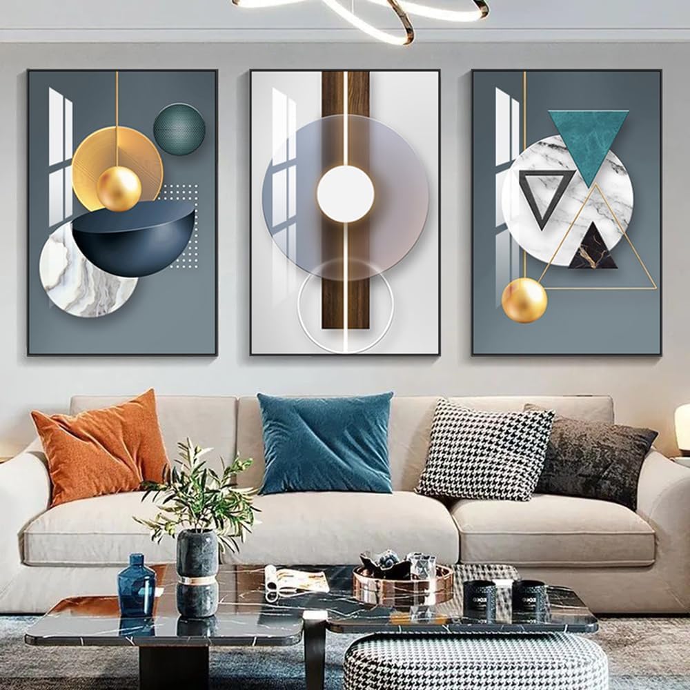 ARTKN Canvas Wall Art 3 Pieces,Abstract Geometry Framed Art Shape Pattern Paintings,Modern Wall Decor Artworks for Living Room Bedroom Office Decoration (Blue, 20" X 28" X 3 pieces)