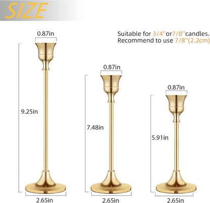 Vintage Gold Brass Taper Candle Holders for Candlesticks, Fireplace & Party - Set of 3