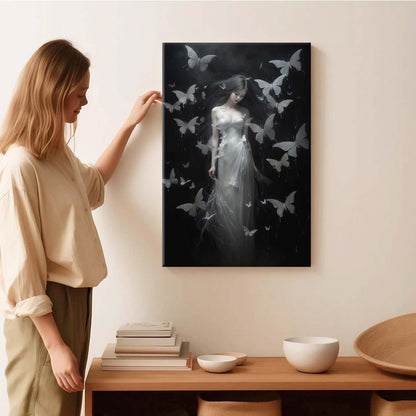 Vintage Gothic Feminine Canvas Wall Art Print Butterfly Poster Moody Female Wall Art Retro Artwork Dark College Decor for Home Bedroom8x12in Wood Framed