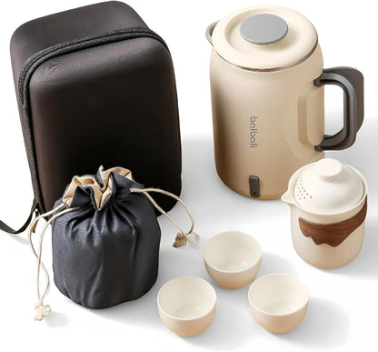 Complete Travel Tea Set with Mini Electric Kettle 0.6L, Hardshell Case for Portable Travel Hot Water Boiler, Teapot with Strainer, Cups and Protect Bag for Home, Office, and Camping White