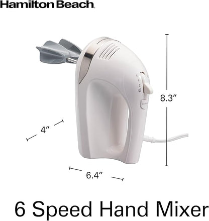 Hamilton Beach 6-Speed Electric Hand Mixer with Whisk, Dough Hooks and Easy Clean Beaters, Powerful 275 Watt Motor, Snap-On Storage Case, White
