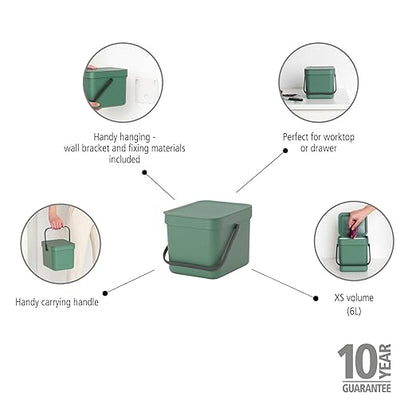 Brabantia Sort & Go Kitchen Countertop Food Scraps Compost Bin | XS / 1.6 Gal / 6L | Fir Green | Removable Stay-Open Lid, Carry Handle, Easy-Clean Recycling Box | Wall-Mounting Bracket Included