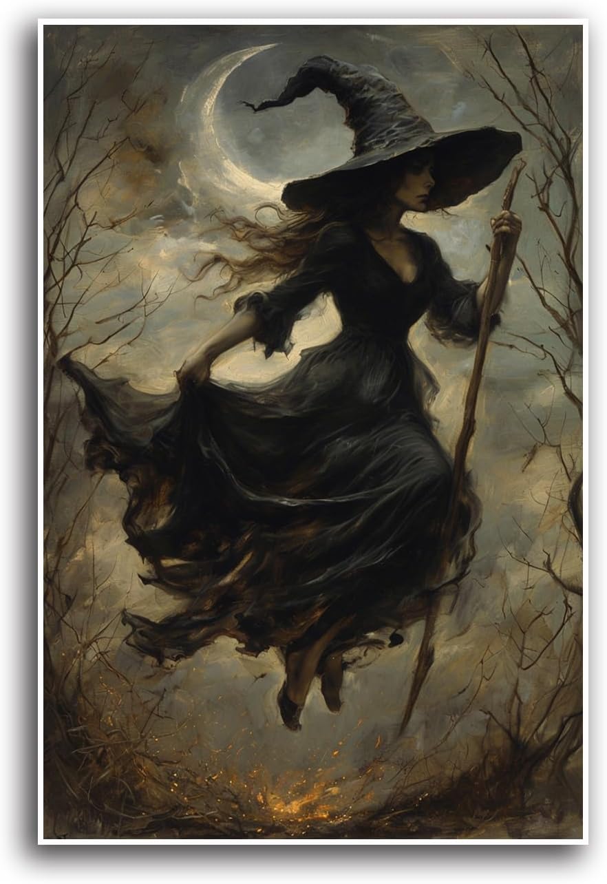 JFHCQJPK Witch in the Forest Halloween Print Wall Art Poster Witch Decor Vintage Print Dark College Wall Art Victorian Gothic Room Decor Canvas Wall Print32x48in Frameless