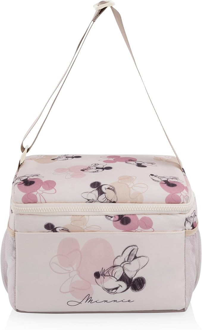 PICNIC TIME Disney Minnie Mouse Modern Lunch Cooler and Insulated Lunch Tote, Compact Lunch Bag with Adjustable Strap and Ice Pack Pocket, (Beige with Vintage Pink Sketch)