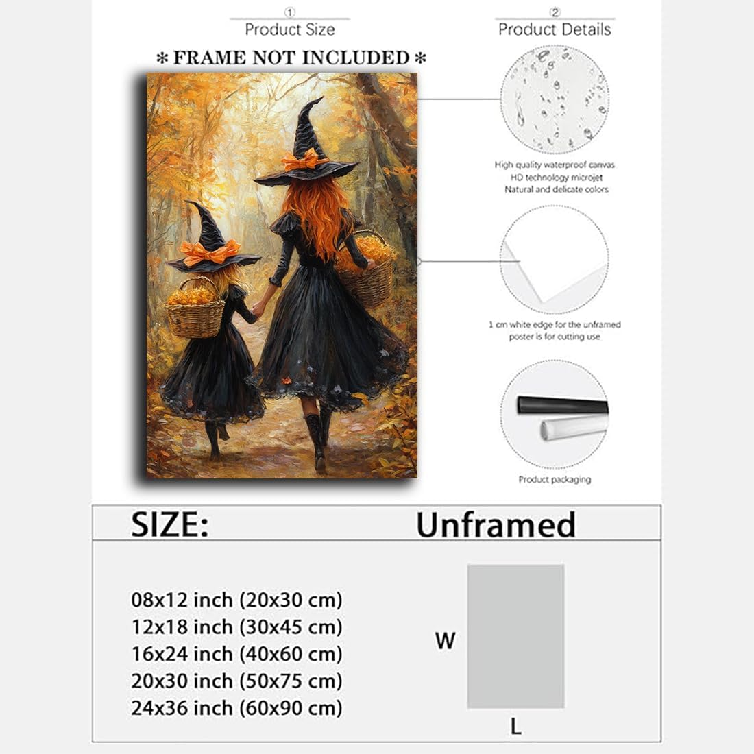 Mother Witch And Child Daughter Witch Wall Art,Halloween Autumn Woodland Forest Path Picture,Family Room Nursery Playroom Kids Room Decor,24"x36" Unframed