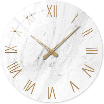 Round Marble Battery Wall Clock Modern 14 Inch White Minimalist Wall Clock for Kitchen Quartz Glass Slient Clock for Wall
