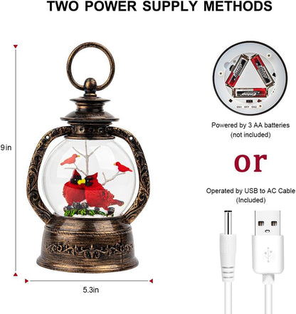Christmas Snow Globe Lantern Water Glittering Cardinal with Music, USB Lined/Battery Operated Lighted Lantern for Christmas Festival Decoration Gifts