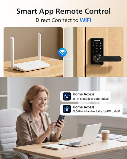 Philips Wi-Fi Smart Door Lock with Handle, Keyless Entry Door Lock for Front Door Lock Set with App Remote Control, Fingerprint Door Handle Lock, Touchscreen Keypad Lever Lock Front Door Handle