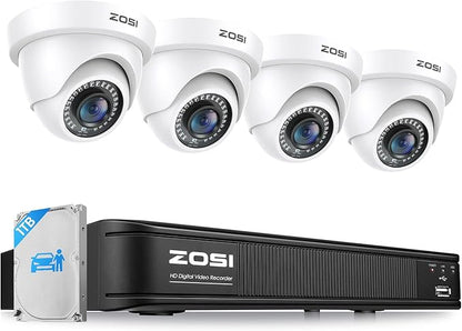 ZOSI 3K 5MP Lite H.265+ Home Security Camera System, 8 Channel Surveillance DVR with AI Human Vehicle Detection and 4 x 1080p Weatherproof CCTV Dome Camera Outdoor Indoor, 80ft Night Vision, 1TB HDD