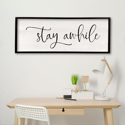 Stay AWhile Sign Wall Decor Sign 40"X15" Large Living Room Entryway Wood Framed Rustic Wall Decor for Vintage Farmhouse Foyer Hanging Lets Stay Home Wall Art (Black)
