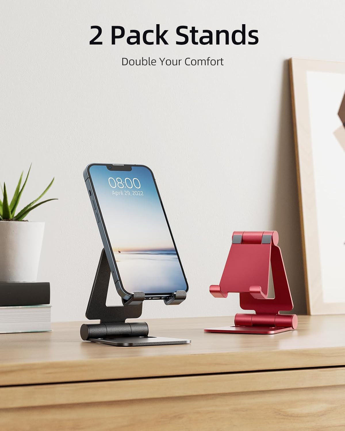 Nulaxy 2 Pack Dual Folding Cell Phone Stand, Fully Adjustable Foldable Desktop Phone Holder Cradle Dock Compatible with Phone 16 15 14 13 12 Pro Xs Xs Max Xr, All Phones, Black&Red