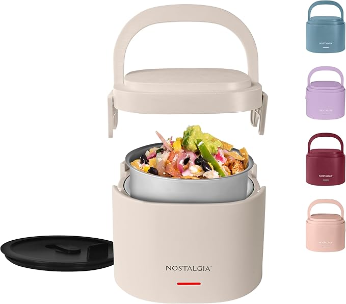 Nostalgia Portable Heated Lunch Box – 2.5-Cup Stainless Steel Food Warmer – Detachable Cord, Leak-Proof Lid, Carry Handle – Portable for Work & Travel – Oatmeal