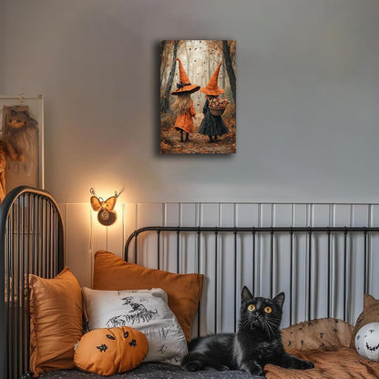 Fall Wall Art Witch Picture Decor,Little Girl Witch Halloween Wall Art, Vintage Autumn Whimsical Woodland Forest Picture, Family Room Nursery Playroom Children Room Decoration,20"x30" Framed