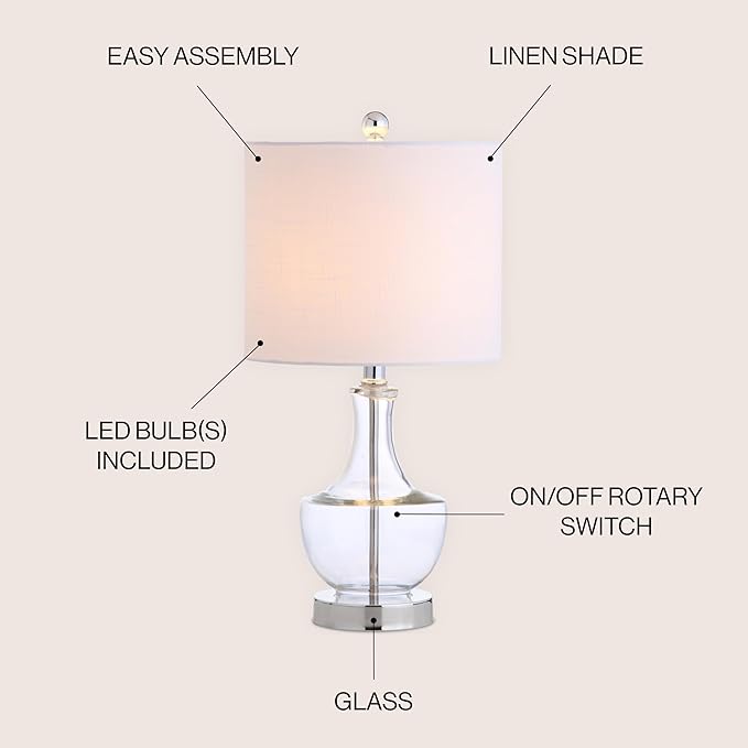 JONATHAN Y 20" Clear Glass Mini Table Lamp, Modern Bedside Lamp for Bedroom, White Linen Drum Shade, Teardrop Glass Base, LED Bulb Included, UL Listed JYL1029A