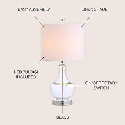JONATHAN Y 20" Clear Glass Mini Table Lamp, Modern Bedside Lamp for Bedroom, White Linen Drum Shade, Teardrop Glass Base, LED Bulb Included, UL Listed JYL1029A