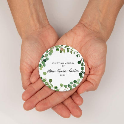 Andaz Press Personalized Round Ceramic Porcelain Christmas Tree Keepsake Gift, in Loving Memory of Ava Marie Carter, Farmhouse Eucalyptus Wreath, 1-Pack, Custom Memorial Bereavement Gift Ideas