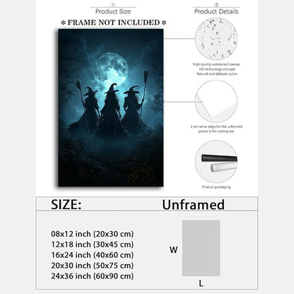 Moonlight Witches Halloween Canvas Art Picture,Three Witches on Broom in Forest Painting Print Gothic Decor,Halloween Witch Poster Witchy Room Aesthetic Bedroom Home Decorations,16"x24" Unframed