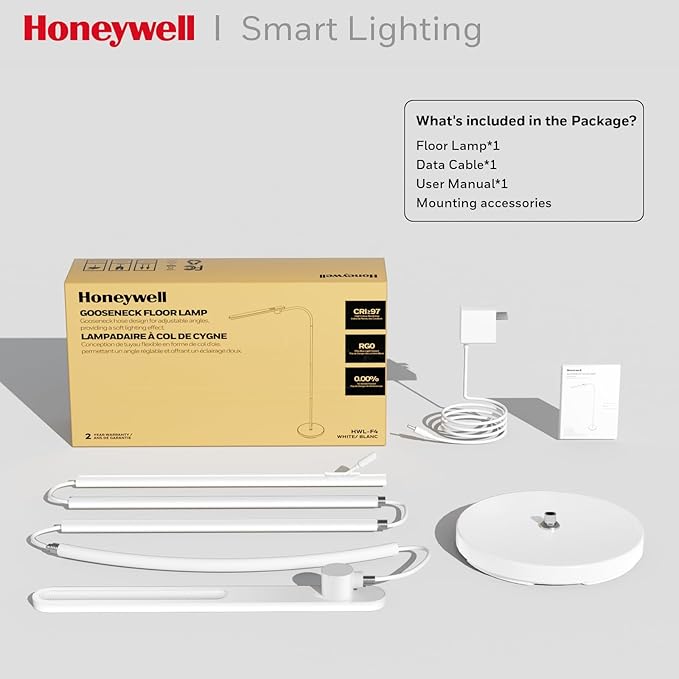 Honeywell F4 Sunturalux™ LED Floor Lamp, CRI 97 Full-Spectrum Eye-Caring Light, Stepless Dimmable Task Lamp with Flexible Gooseneck, 77.5" Tall Reading Lamp for Living Room & Office