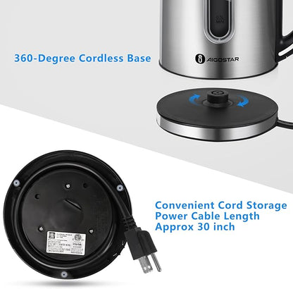 Aigostar King - Electric Kettle Stainless Steel, 1.7 Liter Cordless Tea Kettle, 1100W Hot Water Kettle with Auto Shut-Off, BPA-Free
