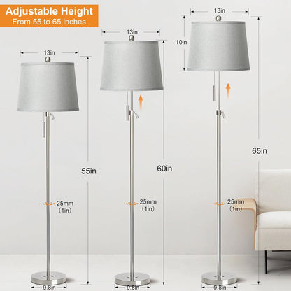 Floor Lamp for Living Room,Adjustable Height Standing Lamp,Dimmable Modern Floor Lamps for Bedroom Office Tall Floor Lights with Pull Chain Bulb Included-Silver Gray Shade