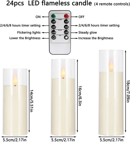 24-Pack Acrylic LED Flameless Pillar Candles with Remote & Timer, Battery Powered - Perfect for Indoor/Outdoor Decor,Wedding,BBQ and Gift - Easily Create a Magical Atmosphere.