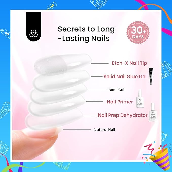 Beetles Gel Nail Kit Short Almond Gift Spree, with Dehydrator and Primer, 576Pcs Half Matte Etch-X Gel Nail Tips Solid Nail Glue Mini Lamp Acrylic Tips Easy DIY Extension Set Gift for Women