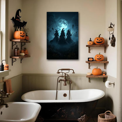 Moonlight Witches Halloween Canvas Art Picture,Three Witches on Broom in Forest Painting Print Gothic Decor,Halloween Witch Poster Witchy Room Aesthetic Bedroom Home Decorations,12"x18" Framed
