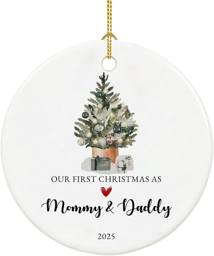 Our First Christmas as Mom and Dad Ornament 2025,New Mom and Dad Gifts 2025, Ceramic Keepsake New Parents Ornaments with Ribbon and Gift Box